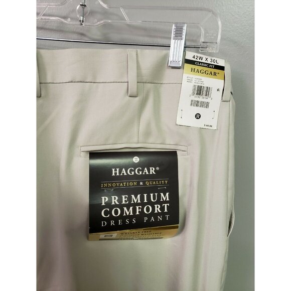 HAGGAR MENS Dress PANTS Stone 42 X 30 Wrinkle Free Flat Front $60 NWT - Picture 4 of 4